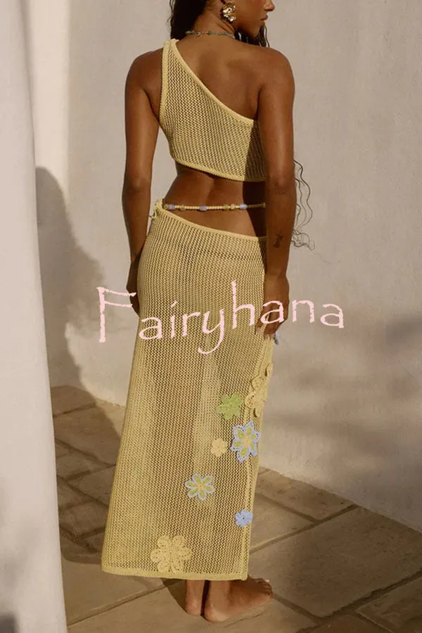 Susanna Knit Crochet Handmade Flower One Shoulder Stretch Crop Tank