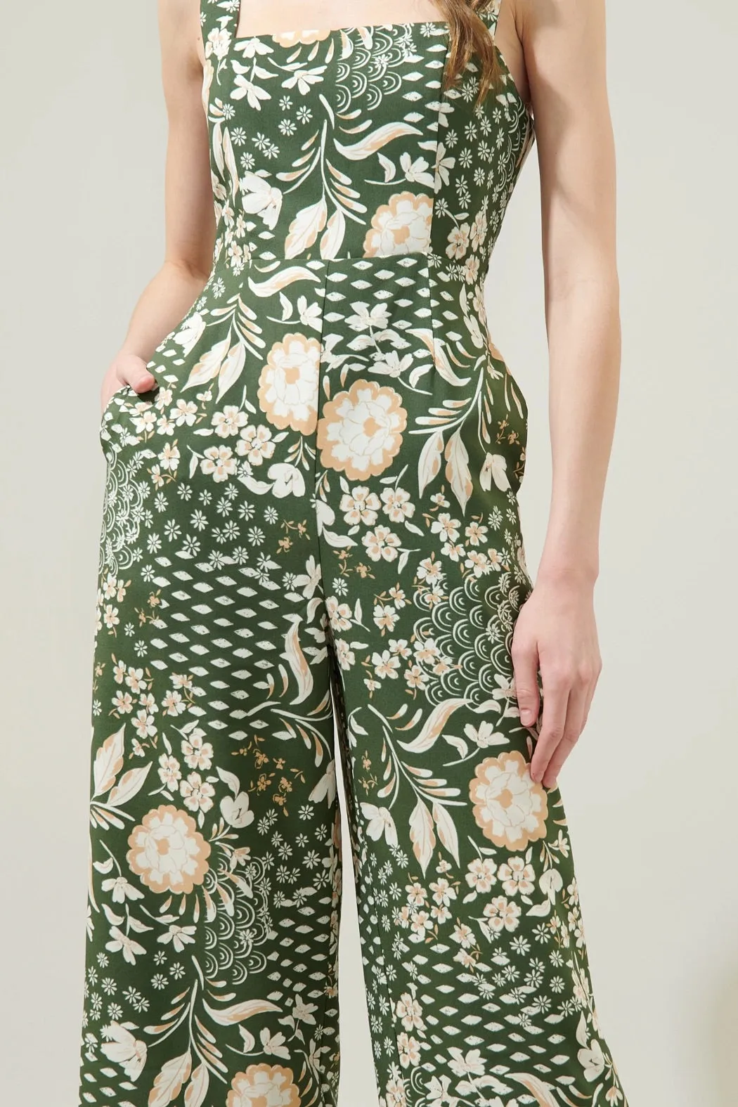 Terri Floral Sweet Stuff Wide Leg Jumpsuit - Olive Green