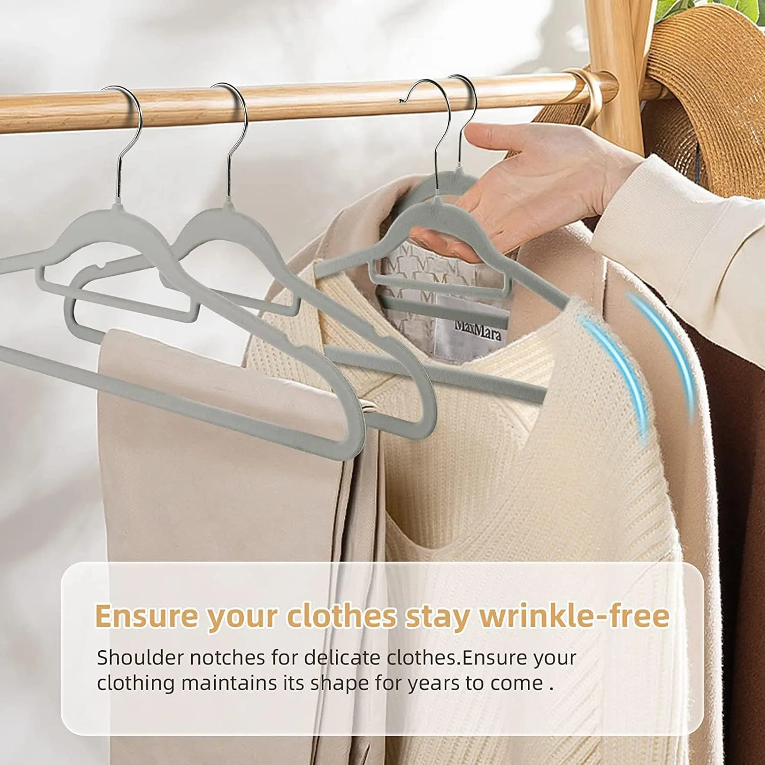 Tycom Clothes Hangers (50 Pack) Velvet - Ultra Thin Space Saving Coats Clothes Hangers Non-Slip Suit Hangers with 360 Degree Swivel Hook Hold Up-to 5KG for Jackets, Pants, Dress- 50p Grey