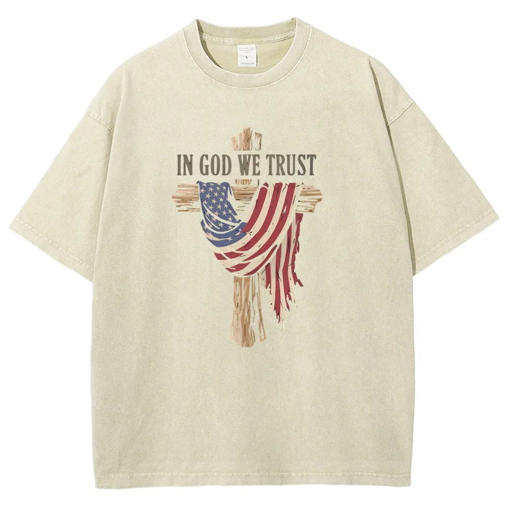 Unisex American Flag In God We Trust Graphic Vintage Washed Tee