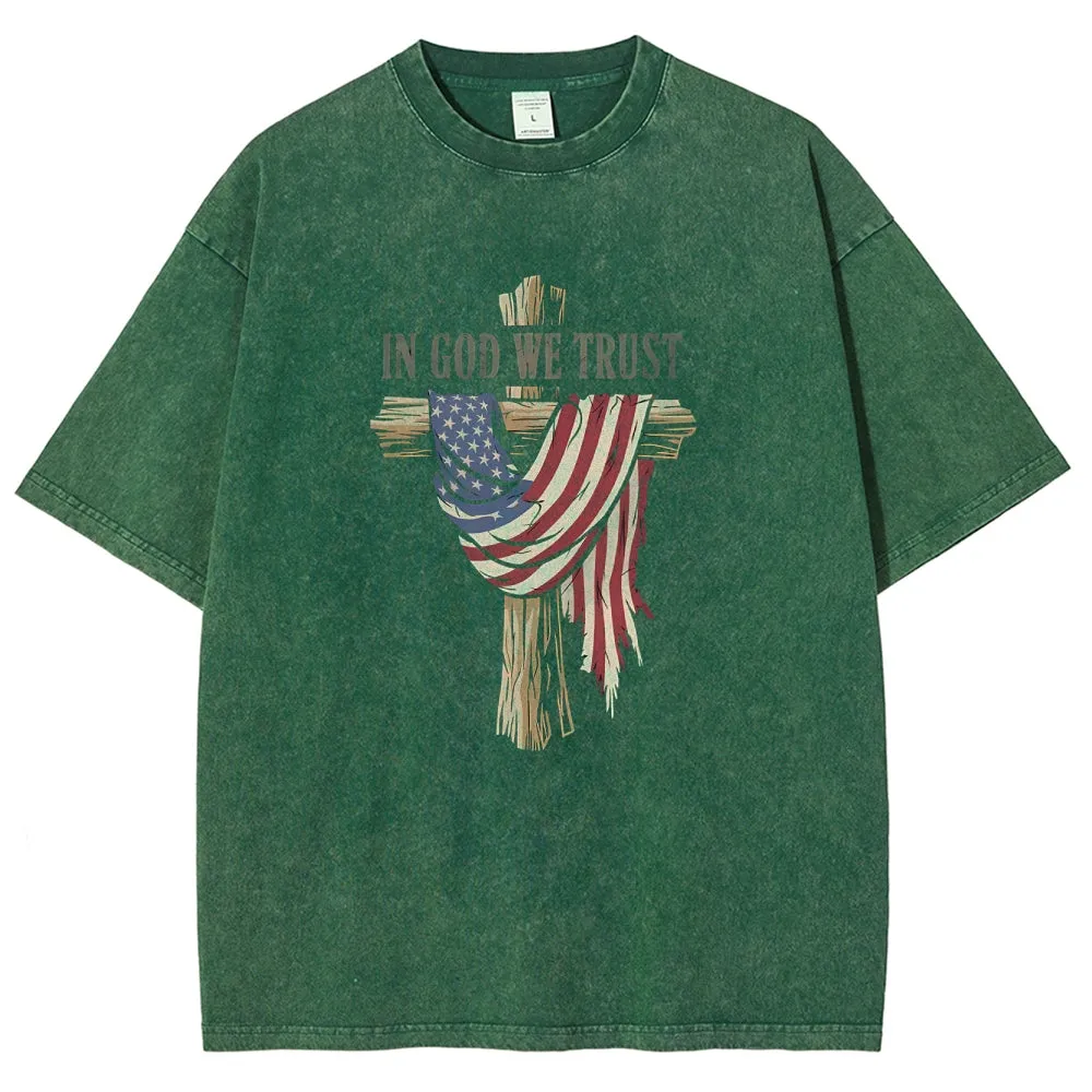Unisex American Flag In God We Trust Graphic Vintage Washed Tee
