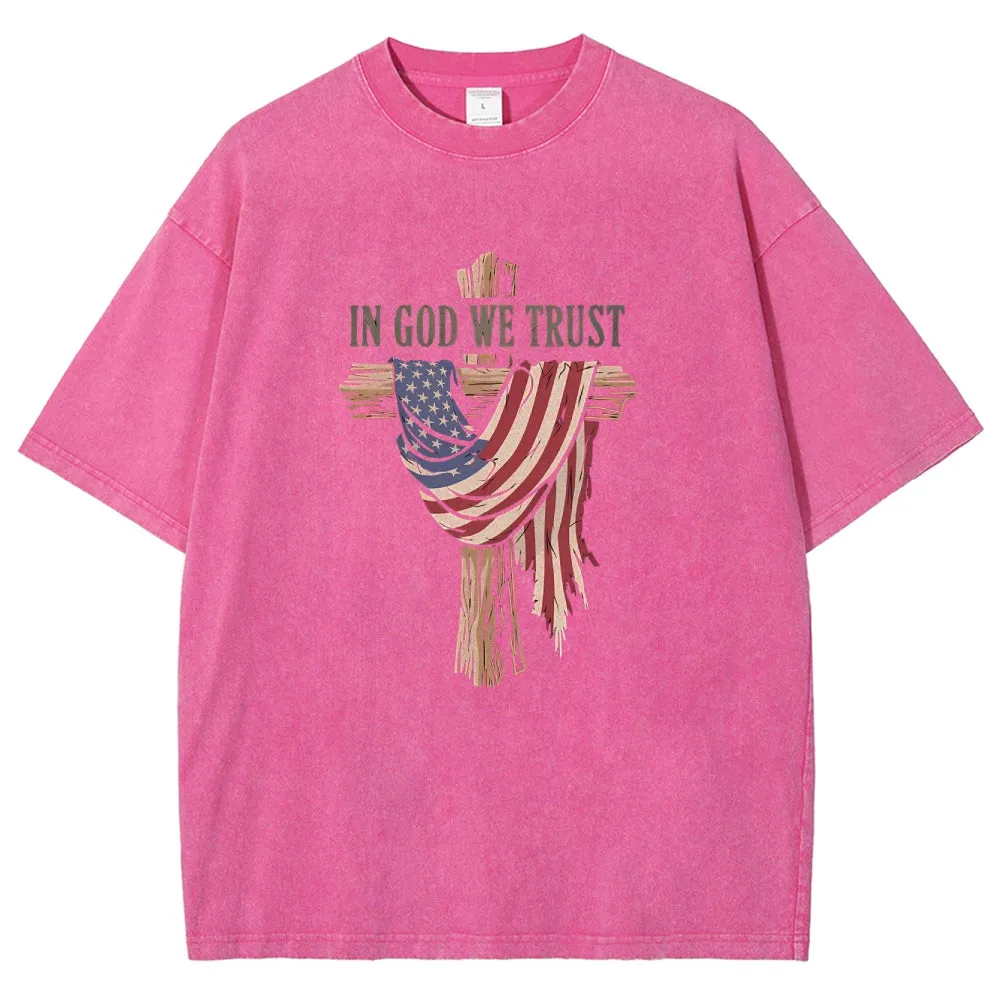 Unisex American Flag In God We Trust Graphic Vintage Washed Tee