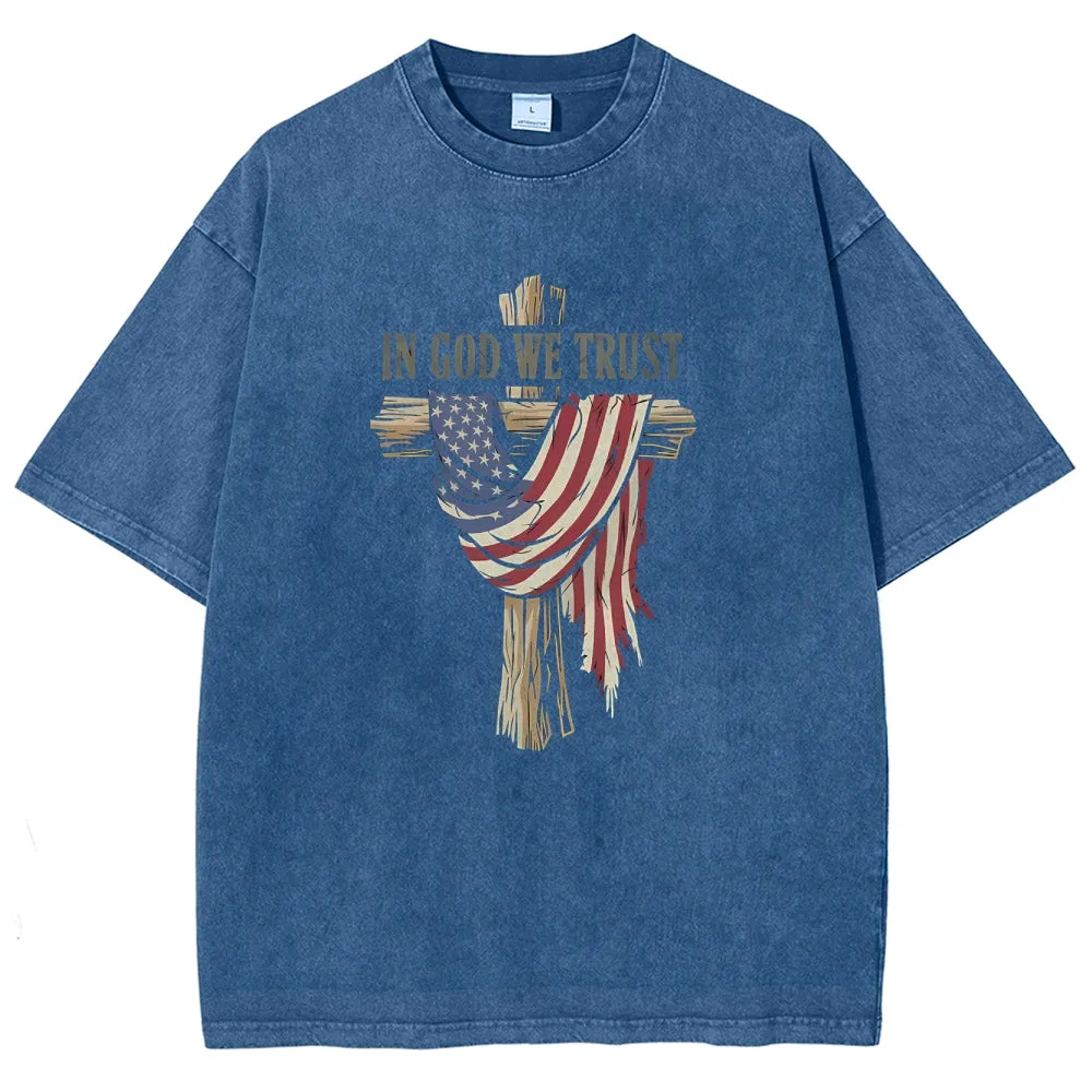 Unisex American Flag In God We Trust Graphic Vintage Washed Tee