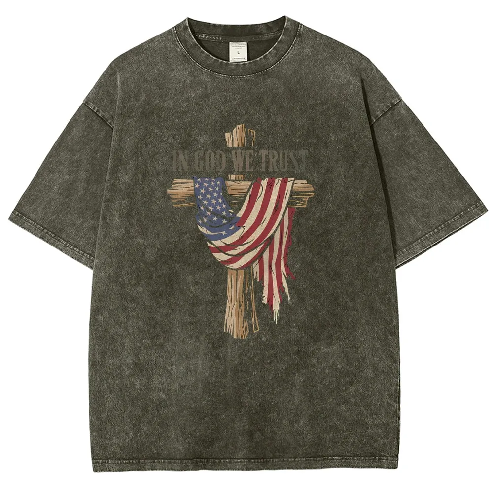 Unisex American Flag In God We Trust Graphic Vintage Washed Tee