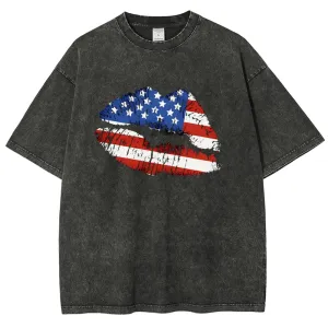 Unisex American Flag Lips Shape Graphic Vintage Washed Tee