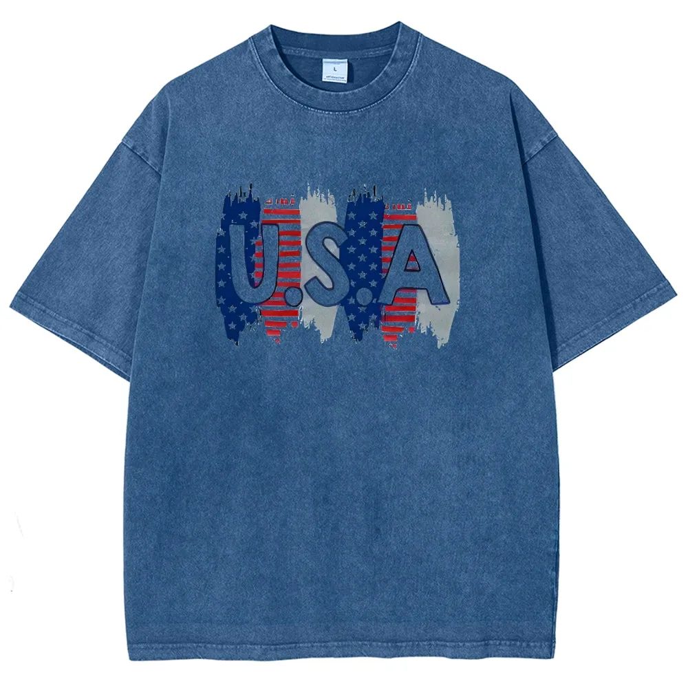 Unisex Independence's Day American Flag Graphic Vintage Washed Tee