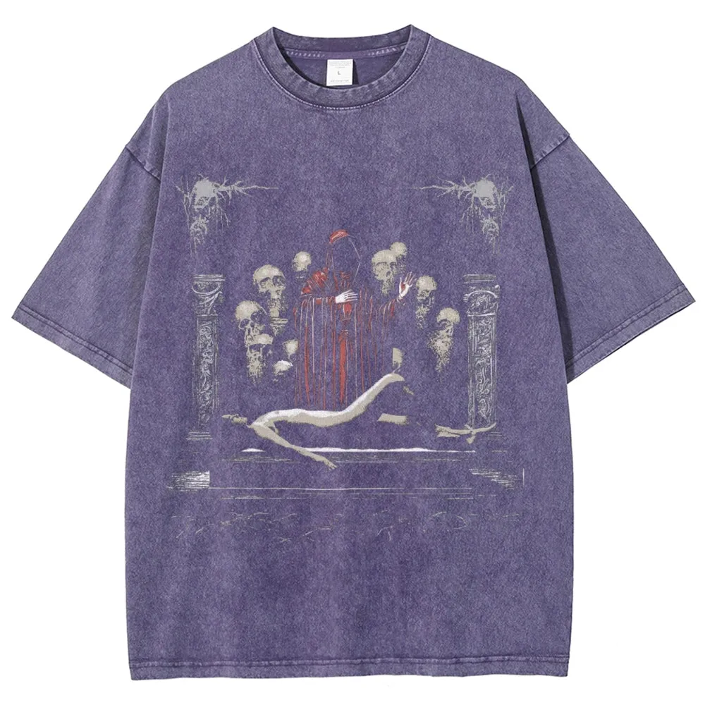 Unisex Vintage Evil Death Darkness Style Graphic Short Sleeve Washed T-shirt