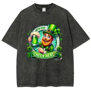 Unisex Vintage Happy St. Patrick's Day Cheer with Beer Graphic Washed Tee