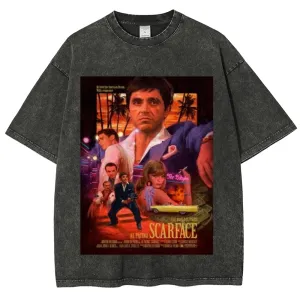 Unisex Vintage Scarface Horror Graphic Short Sleeve Washed T-shirt