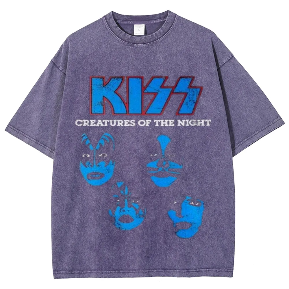 Unisex Vintage The Kiss Rock Band Print Short Sleeve Casual Graphic Washed T-shirt