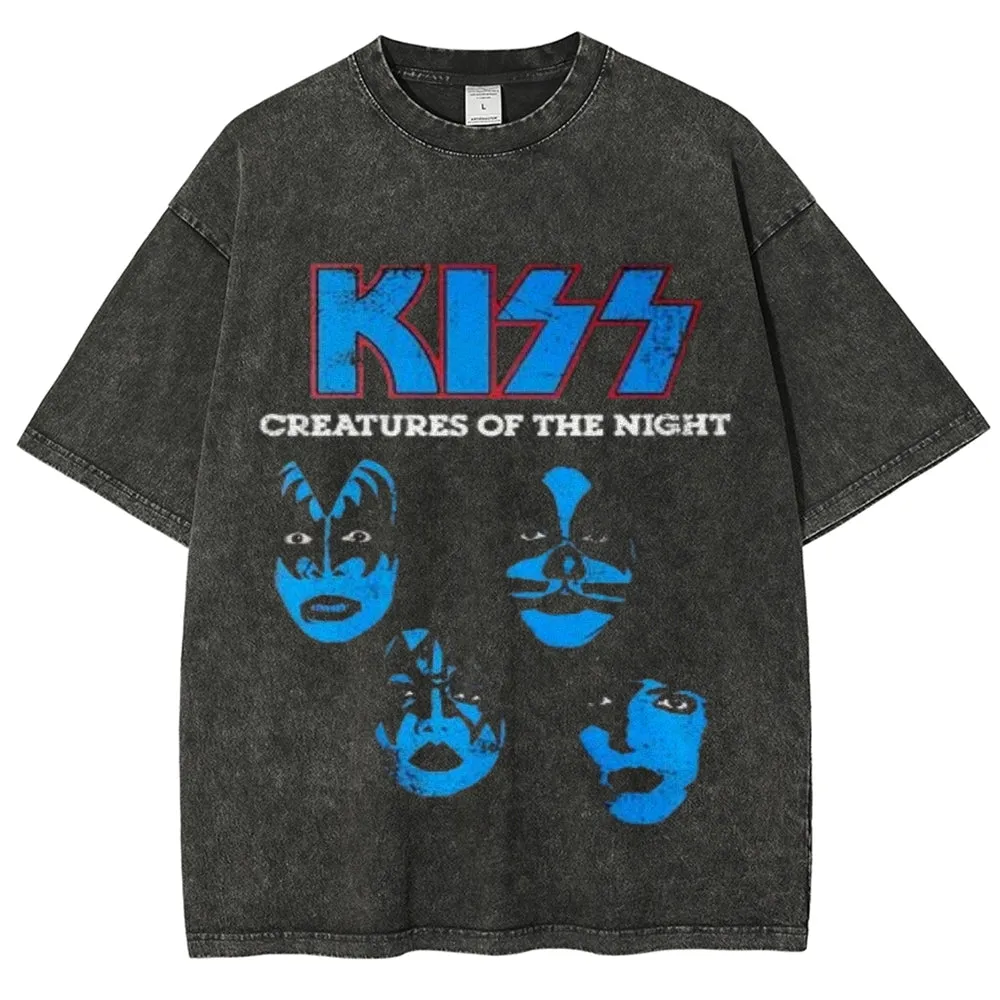 Unisex Vintage The Kiss Rock Band Print Short Sleeve Casual Graphic Washed T-shirt
