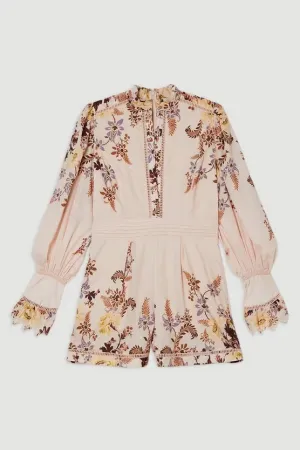 Voile Floral Border Print Woven Playsuit With Ladder Lace Trim