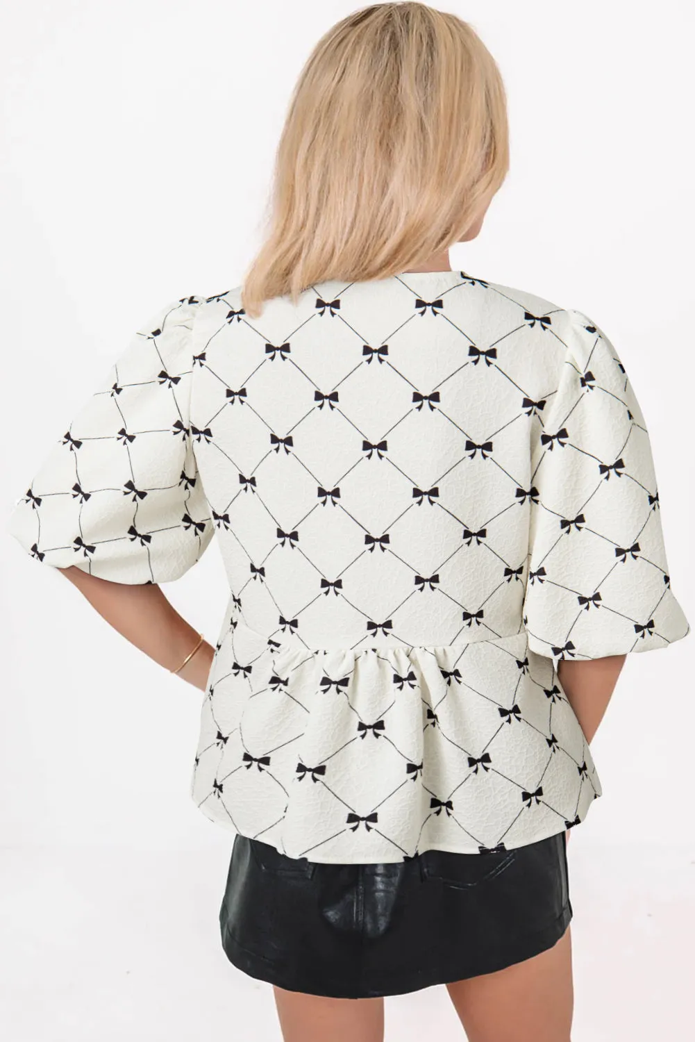 White Bowknot Print Front Knots Bubble Sleeve Blouse