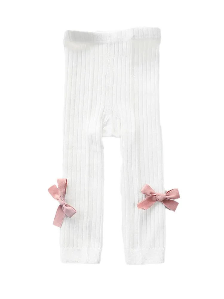 White Ribbon Bow Ribbed Footless Girls Tights/ Leggings