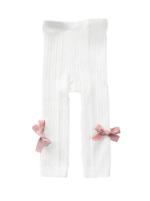 White Ribbon Bow Ribbed Footless Girls Tights/ Leggings