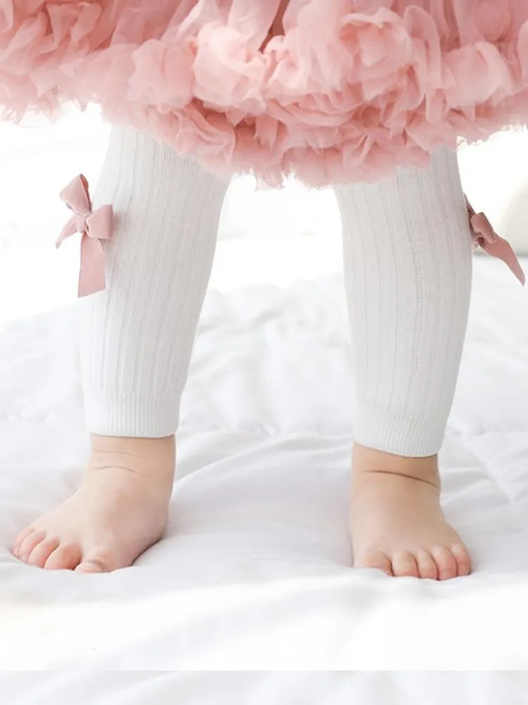 White Ribbon Bow Ribbed Footless Girls Tights/ Leggings