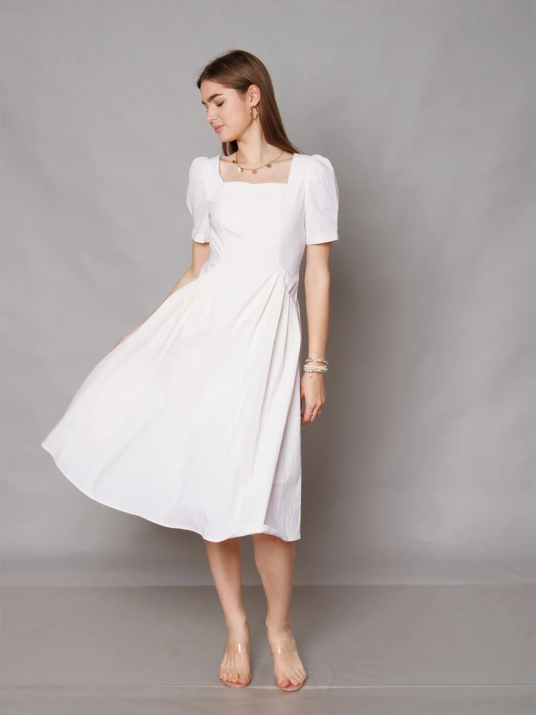 White Solid A-Line Midi Dress