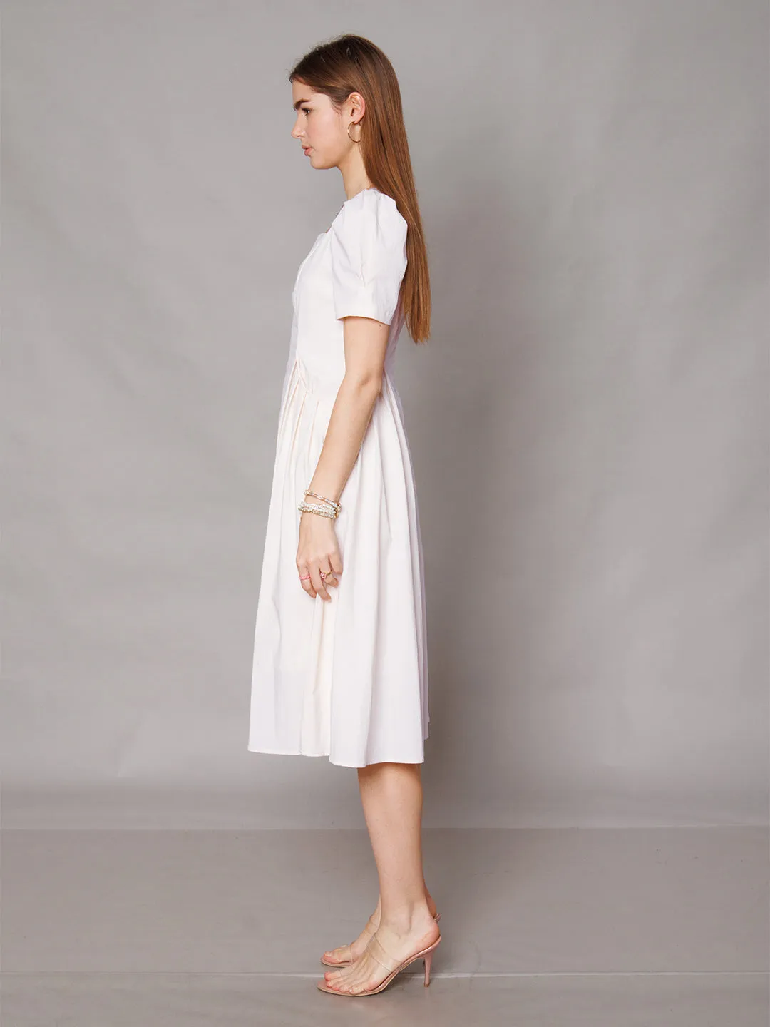 White Solid A-Line Midi Dress