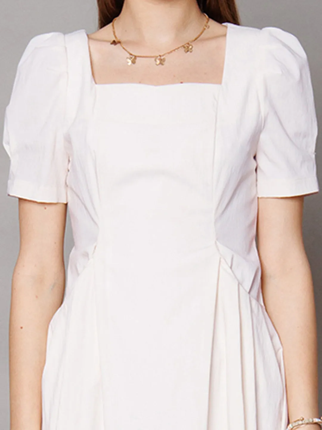 White Solid A-Line Midi Dress
