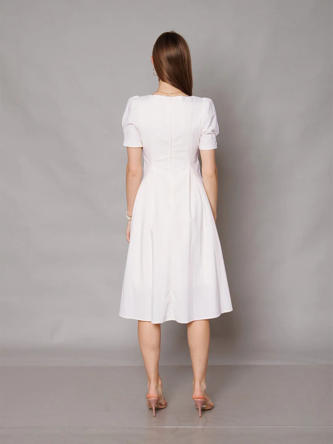 White Solid A-Line Midi Dress