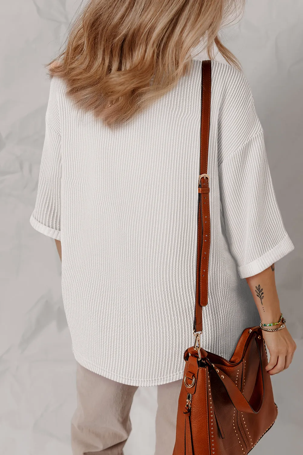 White Solid Color Corded Drop Shoulder 3/4 Sleeve V Neck Top