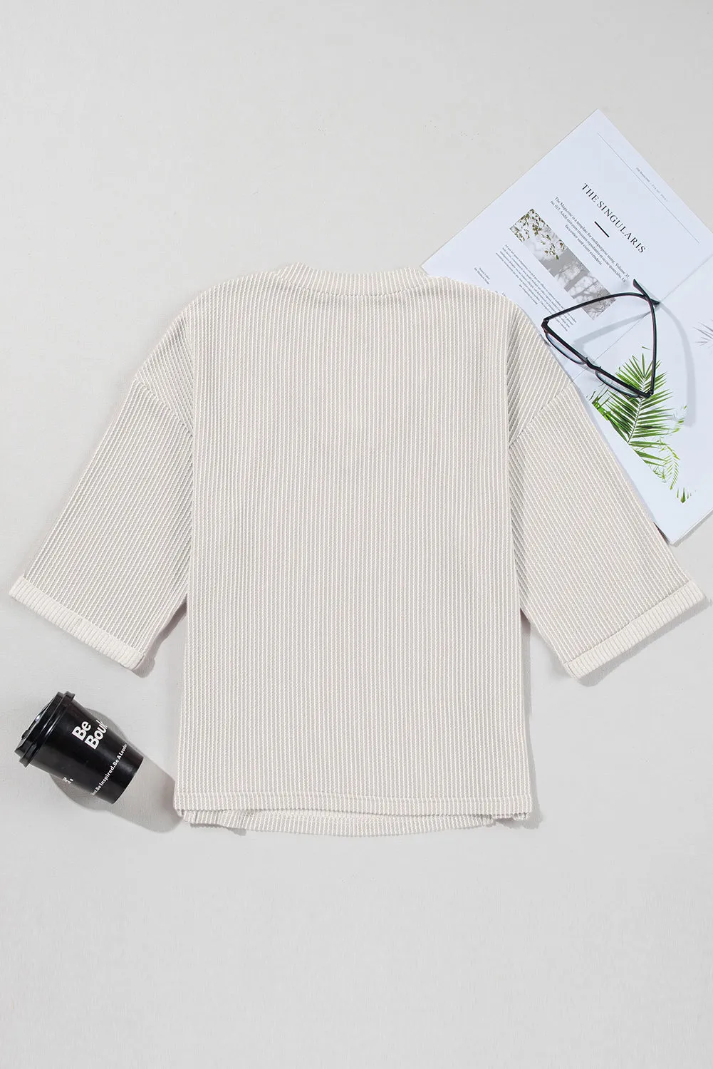 White Solid Color Corded Drop Shoulder 3/4 Sleeve V Neck Top