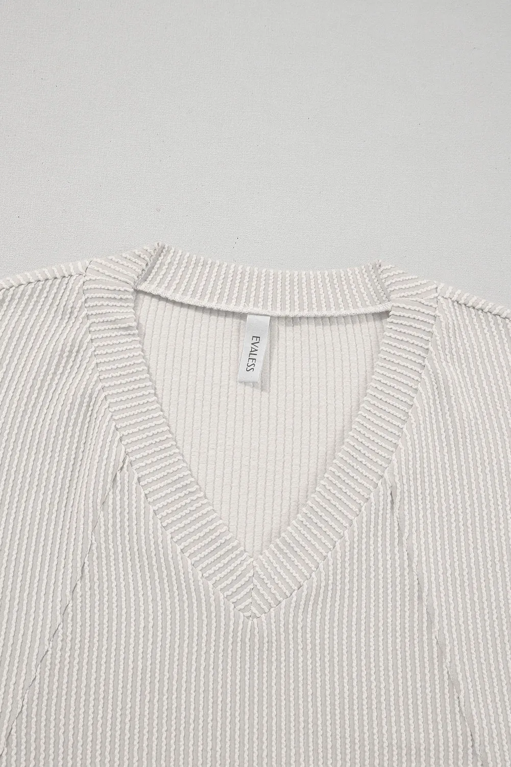 White Solid Color Corded Drop Shoulder 3/4 Sleeve V Neck Top