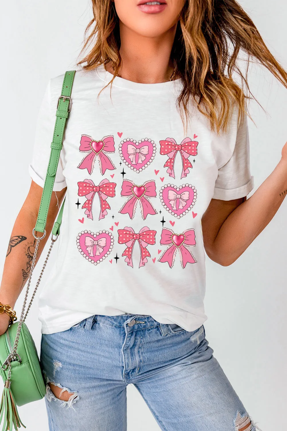 White Sweet Bow Heart Shaped Print Crew Neck Casual Tee