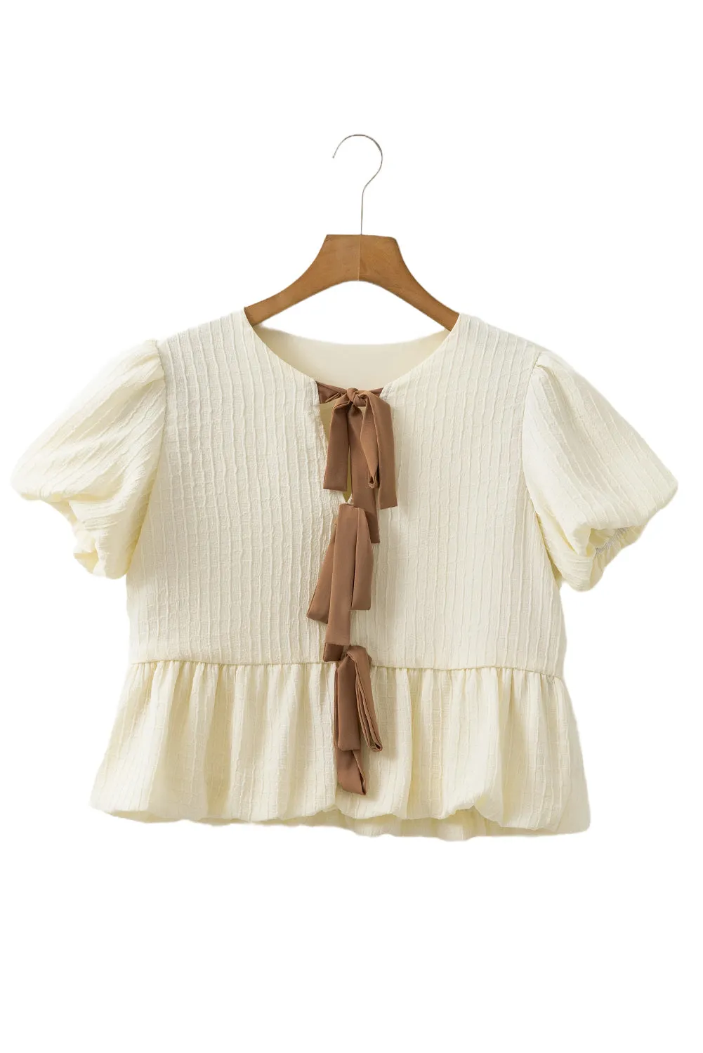 White Textured Bow Ties Front Bubble Hem Puff Short Sleeve Blouse