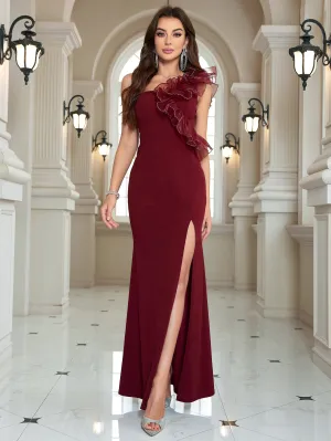 Wine Organza Ruffle One Shoulder Fitted Maxi Dress with Slit