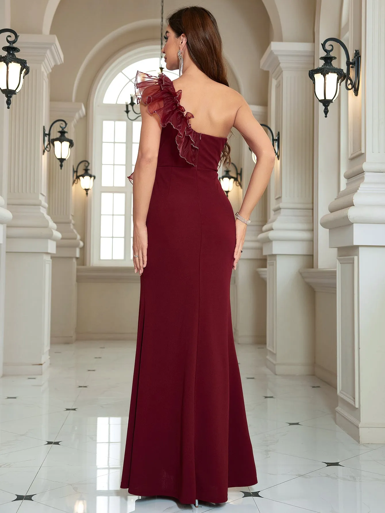 Wine Organza Ruffle One Shoulder Fitted Maxi Dress with Slit