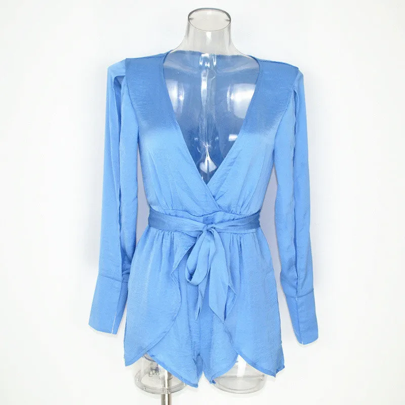 Women Sexy V Plunging Neckline Split Sleeve Playsuit Romper Jumpsuit Casual Spliced Layered Shorts Ice-Blue Wine Red