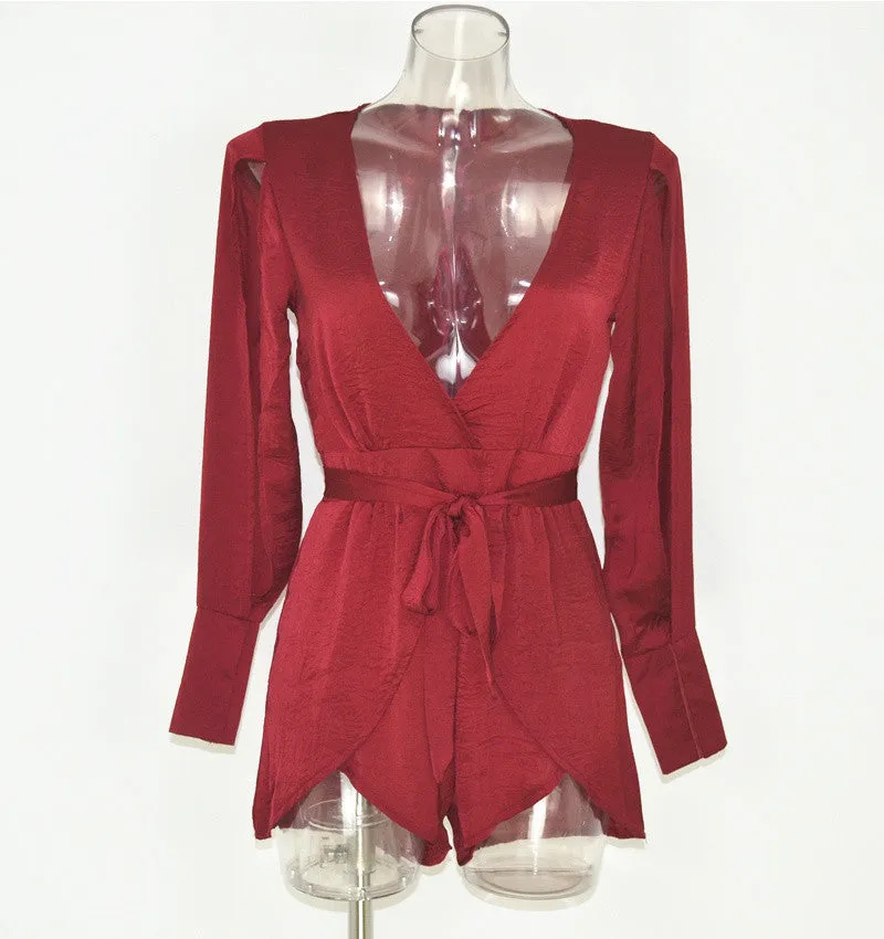 Women Sexy V Plunging Neckline Split Sleeve Playsuit Romper Jumpsuit Casual Spliced Layered Shorts Ice-Blue Wine Red