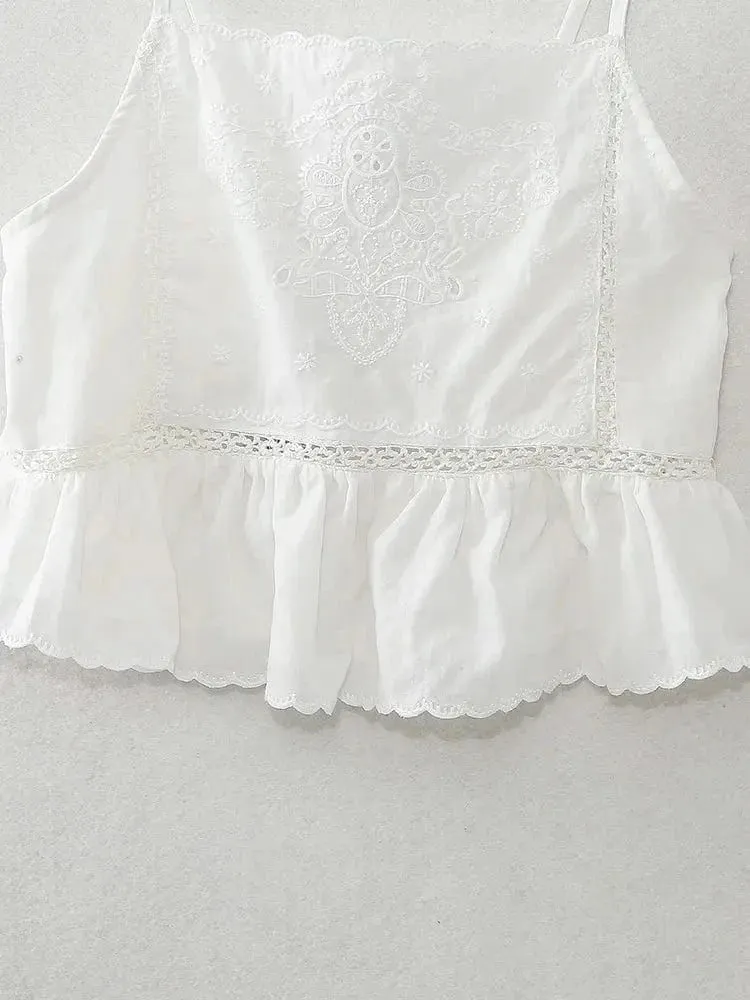 Women’s Embroidered Vacation Top | Straight Neckline with Adjustable Thin Straps | Versatile Summer Style