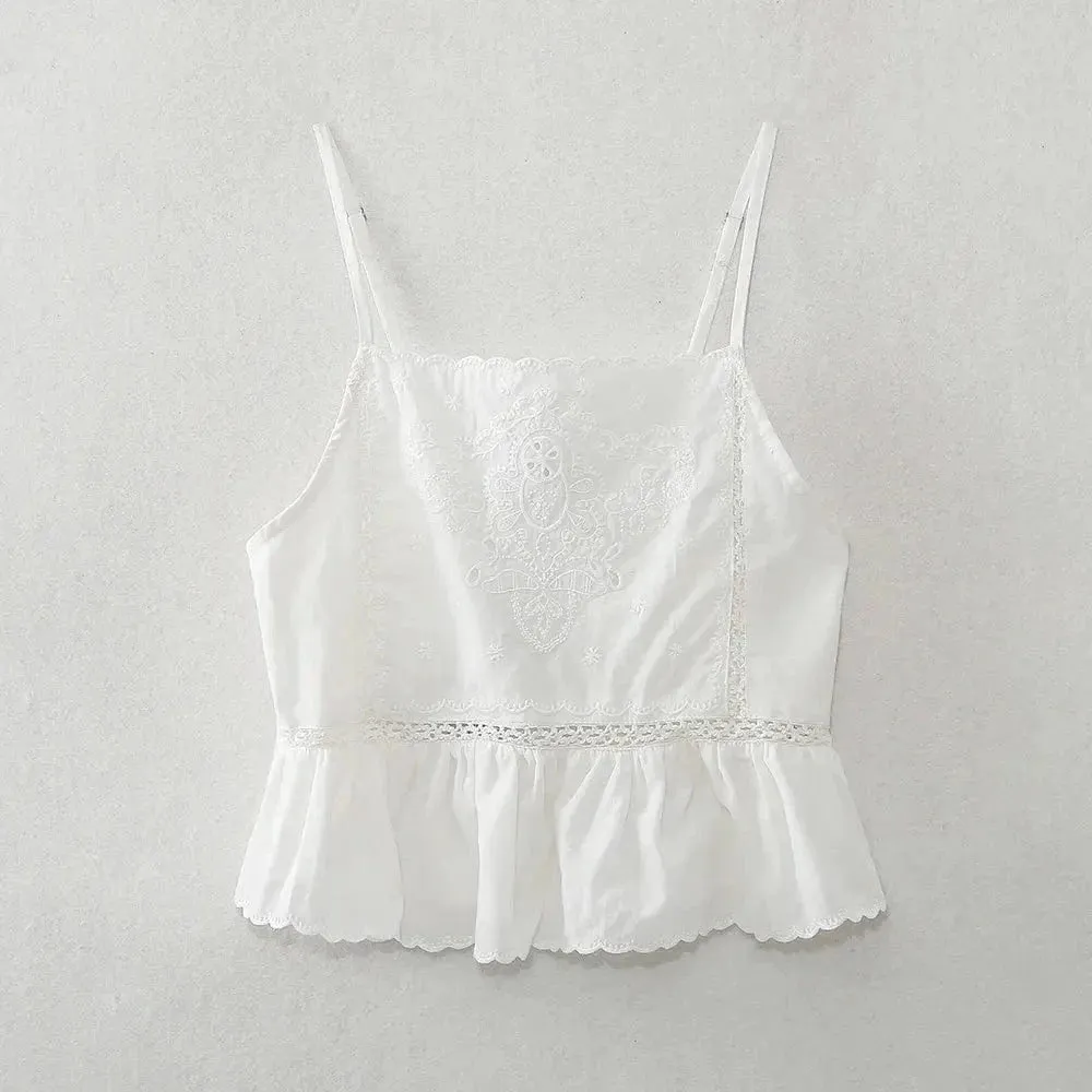 Women’s Embroidered Vacation Top | Straight Neckline with Adjustable Thin Straps | Versatile Summer Style