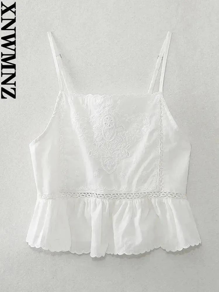 Women’s Embroidered Vacation Top | Straight Neckline with Adjustable Thin Straps | Versatile Summer Style