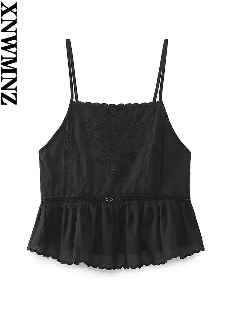 Women’s Embroidered Vacation Top | Straight Neckline with Adjustable Thin Straps | Versatile Summer Style