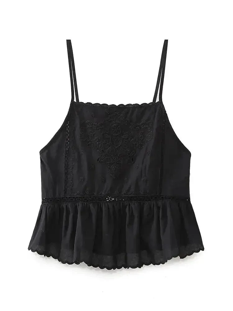 Women’s Embroidered Vacation Top | Straight Neckline with Adjustable Thin Straps | Versatile Summer Style