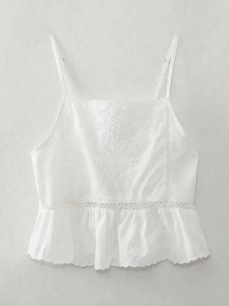 Women’s Embroidered Vacation Top | Straight Neckline with Adjustable Thin Straps | Versatile Summer Style