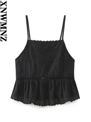 Women’s Embroidered Vacation Top | Straight Neckline with Adjustable Thin Straps | Versatile Summer Style