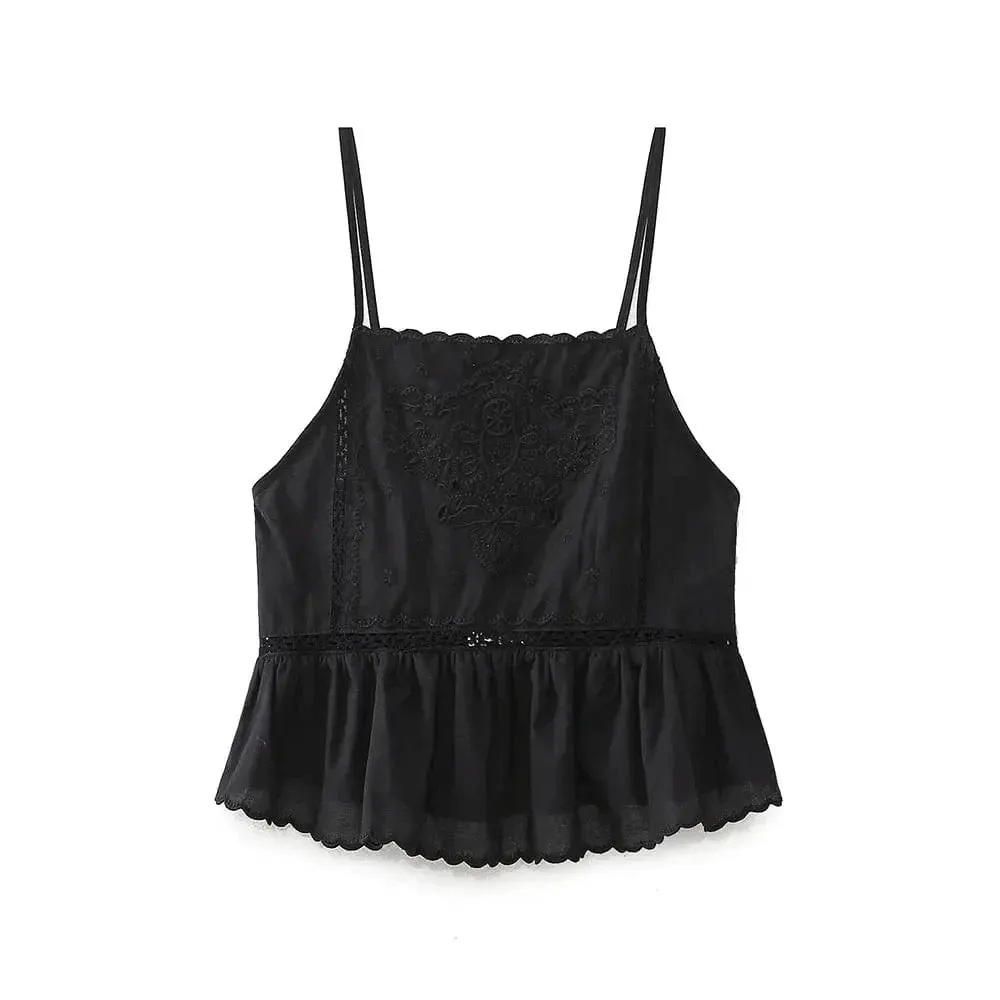 Women’s Embroidered Vacation Top | Straight Neckline with Adjustable Thin Straps | Versatile Summer Style