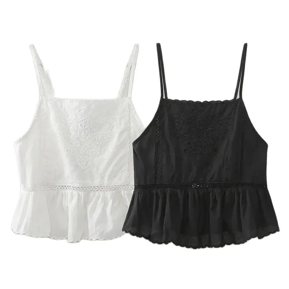 Women’s Embroidered Vacation Top | Straight Neckline with Adjustable Thin Straps | Versatile Summer Style
