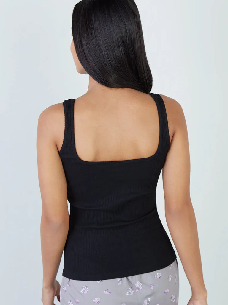 Wunderlove Black Ribbed Cotton-Blend Square-Neck Vest