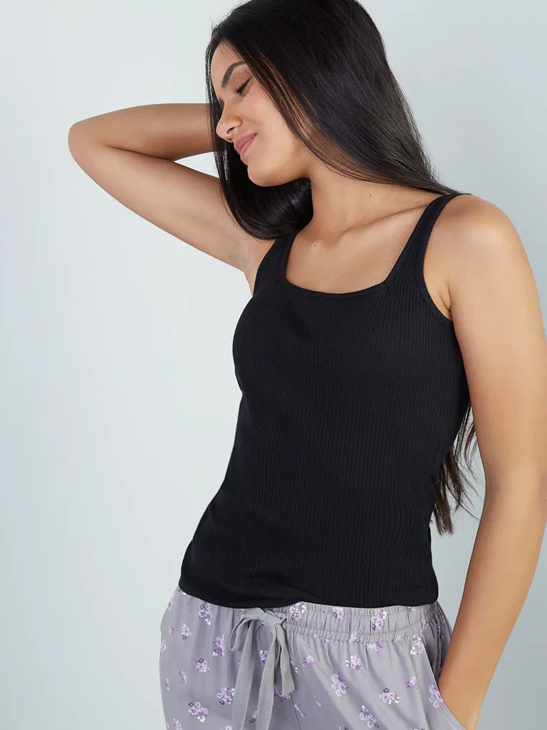 Wunderlove Black Ribbed Cotton-Blend Square-Neck Vest