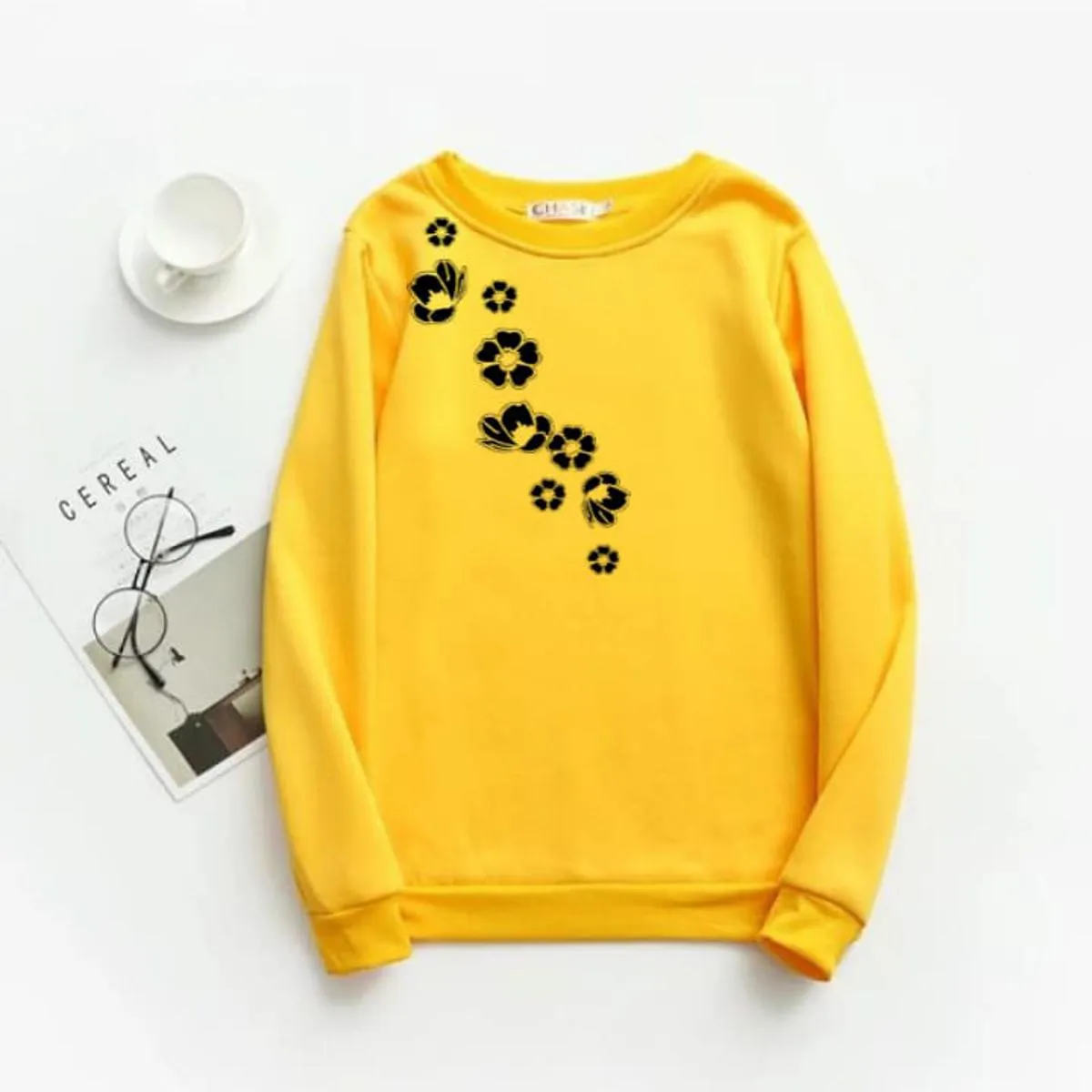 Yellow Flower Fleece Full Sleeves Sweatshirt For Women